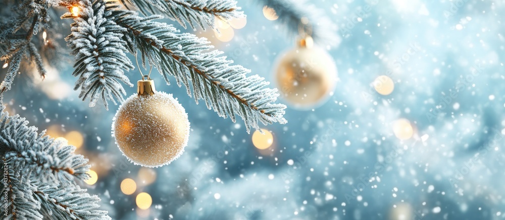 Poster pine branches covered in white frost with christmas balls hanging from them christmas and new year. 