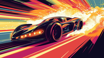 Pop art concept sports car moves forward with sparkling lights. Colorful background in pop art retro comic style. Sports car race games background.
