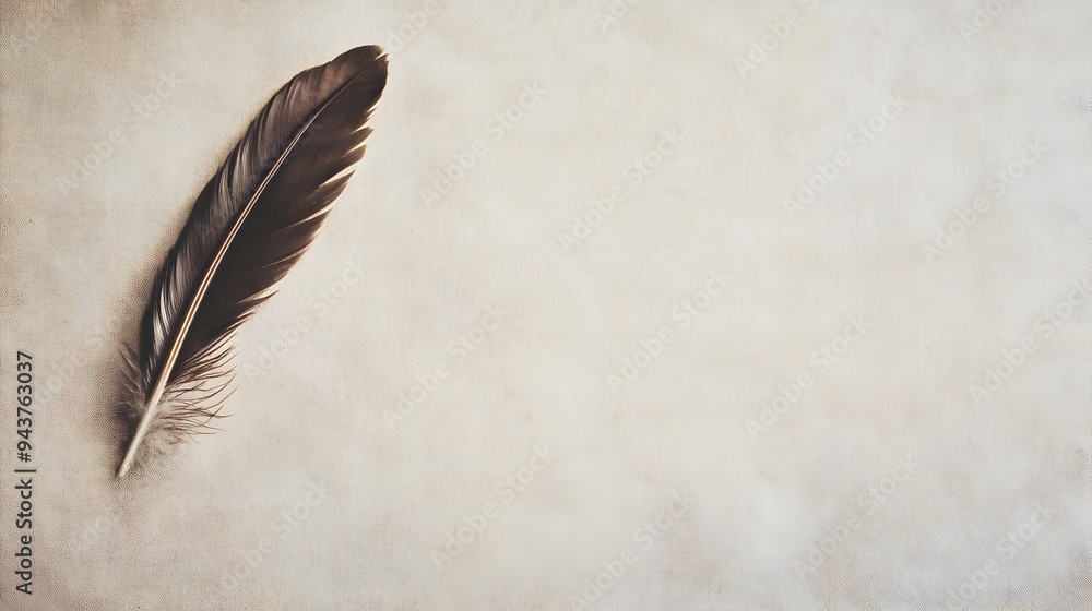 Poster delicate and serene solitary bird feather resting on a blank white background with ample copyspace f