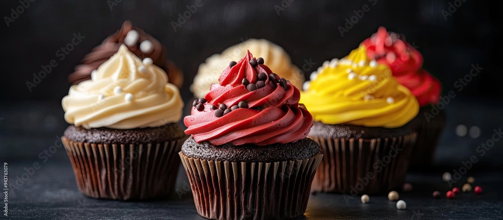 Poster Fresh cupcakes set against a black background Culinary backdrop Pastry concept Top view. with copy space image. Place for adding text or design