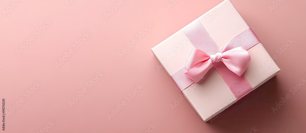 Poster Gift box wrapped in pastel paper with a pink ribbon on a pink surface Top view. with copy space image. Place for adding text or design