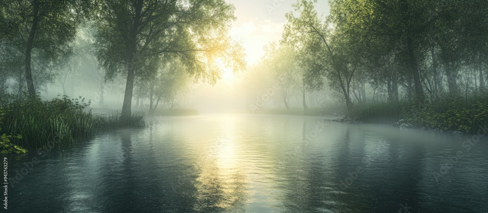 Aufkleber a river in the early morning mist. with copy space image. place for adding text or design