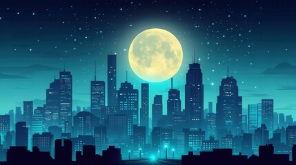 Naklejka premium Night Cityscape with Full Moon and Stars Illustration - Urban Landscape, Skyscrapers, Nighttime, Glow, Moonlight.