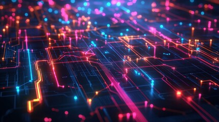 Fototapeta premium Abstract Neon Circuit Board Pattern with Red, Blue, and Orange Lights.
