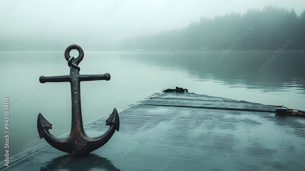 Aufkleber lone weathered anchor resting on a clean minimalist dock with ample empty copy space evoking a sense