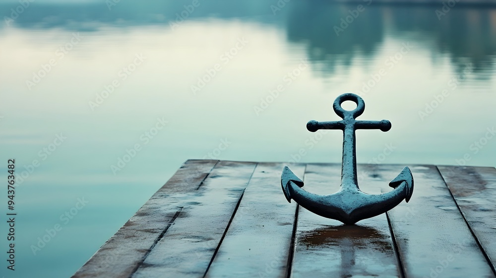 Fototapete a lone anchor resting peacefully on a clean calm dock with ample copy space for adding text or desig