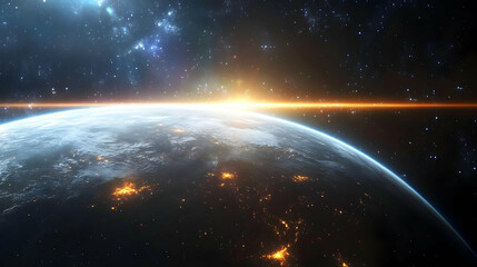 A stunning view of Earth from space, with a bright light illuminating the horizon, surrounded by stars.