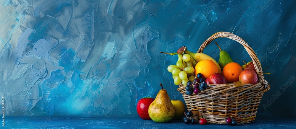 Poster wicker basket containing various fresh fruits on a light blue background. with copy space image. pla