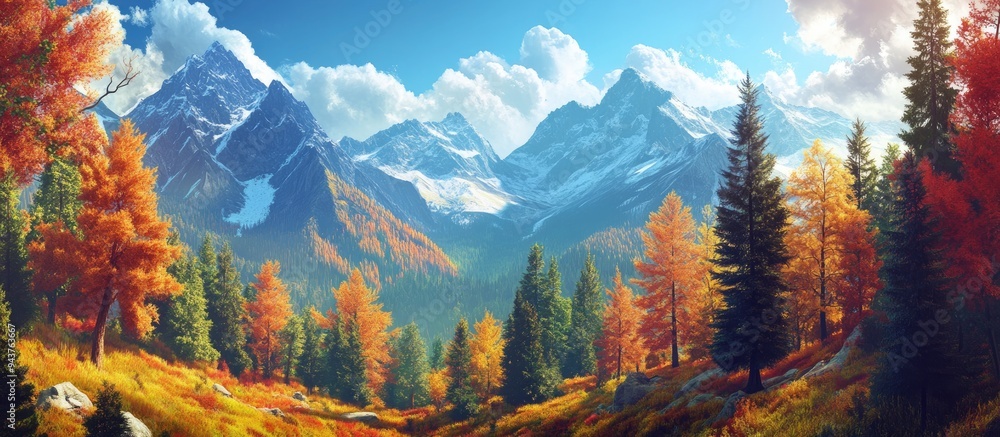Aufkleber Autumn mountain landscape with a vibrant forest. with copy space image. Place for adding text or design