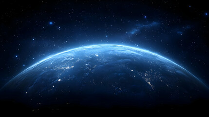 Obraz premium A stunning view of Earth from space, with a glowing blue atmosphere against a backdrop of twinkling stars.