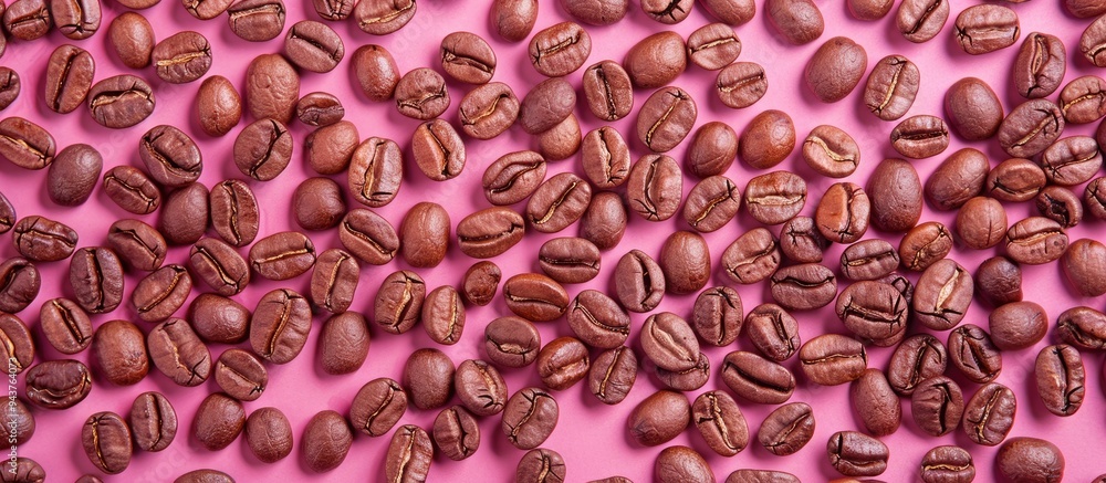 Poster Roasted and fragrant coffee beans on a pink colored surface as the background Top view with copy space for text Close up photo of fresh Arabica coffee beans