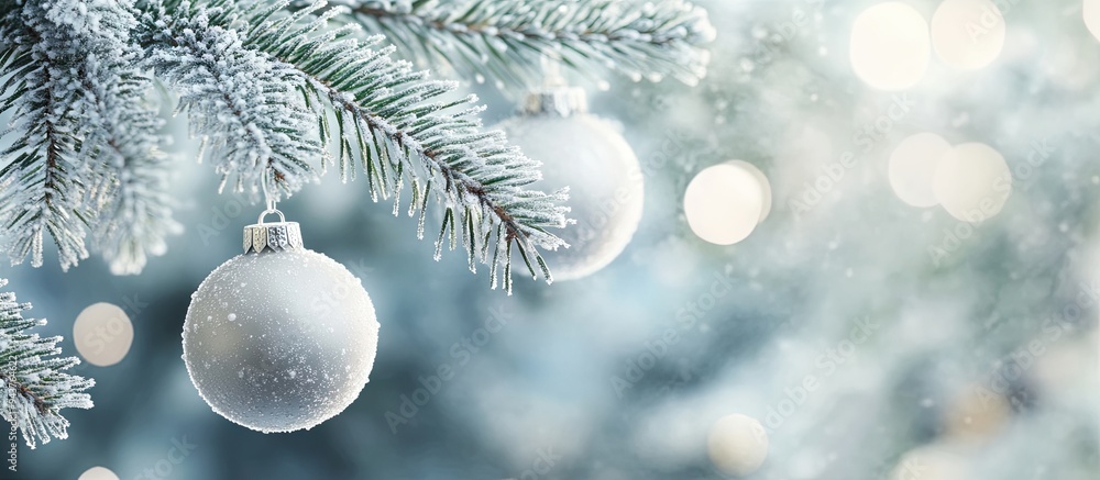 Poster Pine branches covered in white frost with Christmas balls hanging from them Christmas and New Year. with copy space image. Place for adding text or design