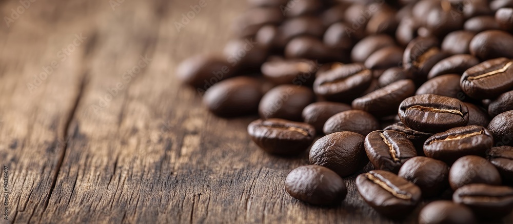 Aufkleber close up of coffee beans on a wooden table copyspace for text and content