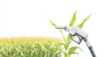 Watercolor clipart of a single ethanol fuel pump nozzle with a cornfield in the background, copy space.