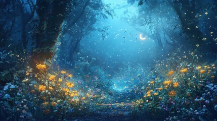 Enchanting Nighttime Forest Path with Fireflies and Moonlight.