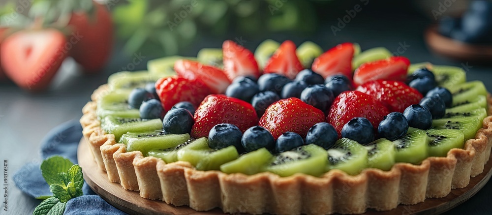Fototapete Fresh fruit tart featuring kiwi blueberries and strawberries with selective focus and a vintage tone. with copy space image. Place for adding text or design