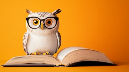 On a yellow background, a chic owl bird reads a book.