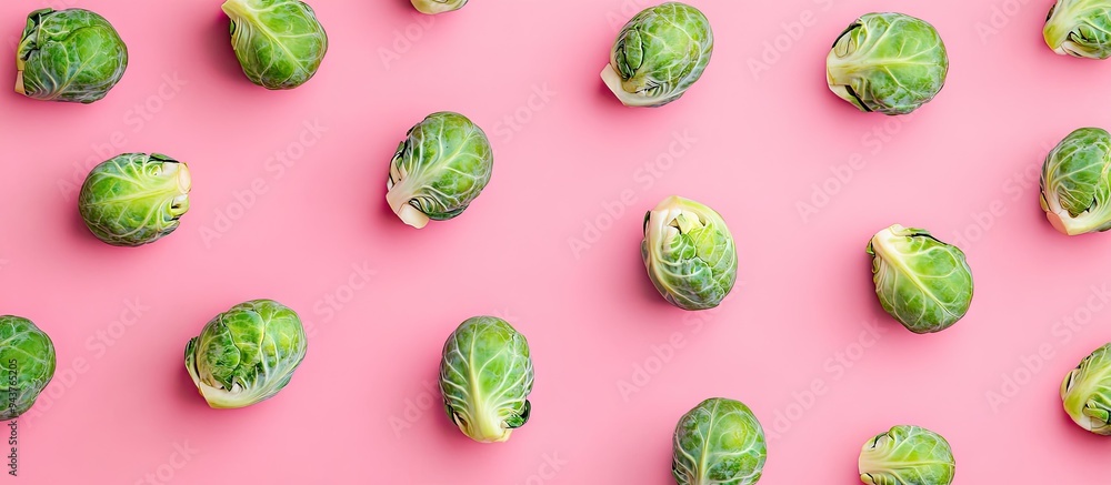 Aufkleber fresh brussels sprouts on a pink background top view room for text. with copy space image. place for