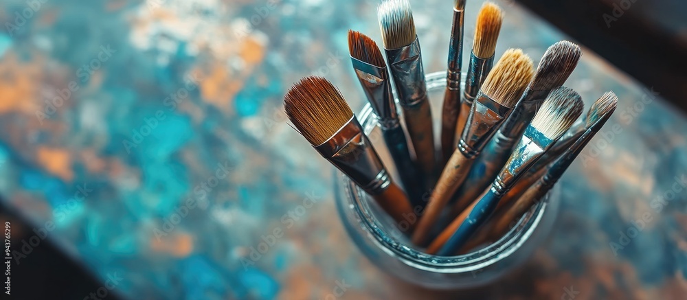 Aufkleber Top view close up of various paint brushes in a glass jar within a pottery studio. with copy space image. Place for adding text or design