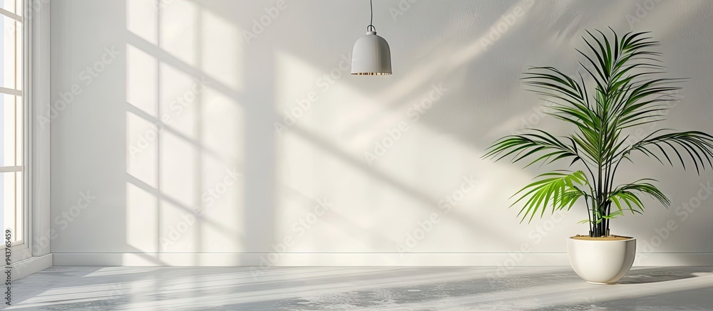 Poster Nordic lamp and tropical leaf simple decor items Scandinavian minimalist white interior. with copy space image. Place for adding text or design