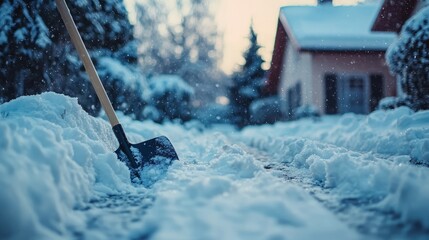 Shovel clearing snow on a driveway during a heavy winter snowfall