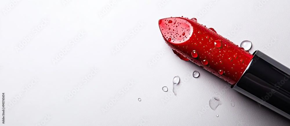 Poster Macro red lipstick with water droplets isolated on a white background with copyspace in a horizontal layout