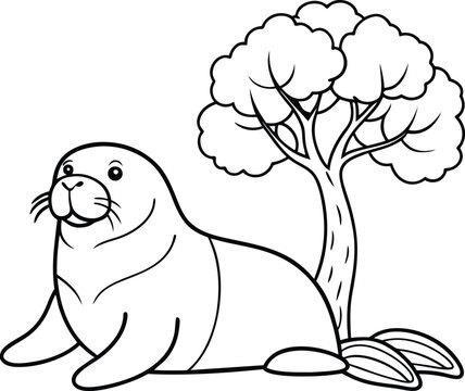 recommend clip art: Fun walrus lying under a tree coloring page perfect for kids with simple line art for easy coloring
                    