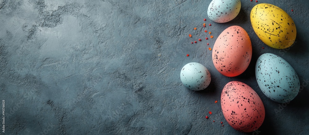Aufkleber composition featuring futuristic easter eggs on a textured stone background copyspace top view
