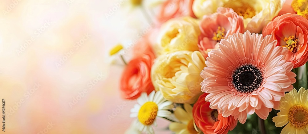 Aufkleber bouquet featuring gerbera and buttercups with a card flowers card. with copy space image. place for 
