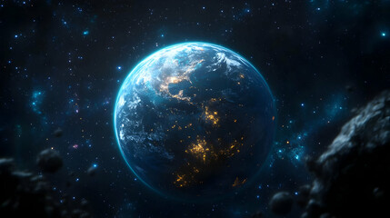 Fototapeta premium A stunning view of Earth from space, with twinkling stars and a few asteroids in the foreground.