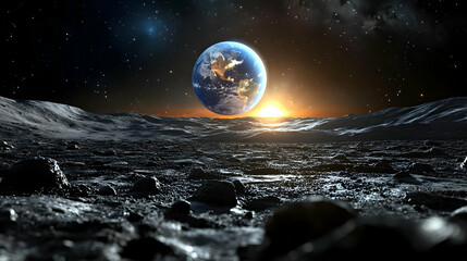 A stunning view of Earth from the surface of the moon during a sunrise, with a rocky foreground and a starry sky.