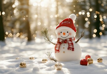 In a snowy hillside, a snowman holds branches of trees in his hands, wearing a red hat and scarf