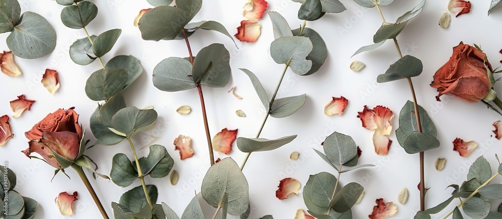 Poster Flat lay arrangement of flowers Dried rose blooms and eucalyptus sprigs on a white background from a top view with copy space Floral backdrop Design element for a greeting card