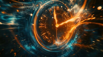 Obraz premium Abstract Clock with Orange and Blue Lights, Time, Future, Speed, Digital, Motion, Warp, Technology, Concept