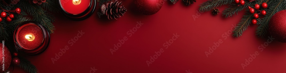 Aufkleber an empty space is left for text or decoration on a christmas background with red ornaments and bokeh