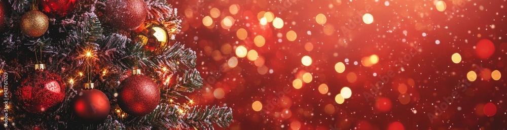 Poster red ornaments on a christmas tree appear in the left frame, with a space for text in the center, and