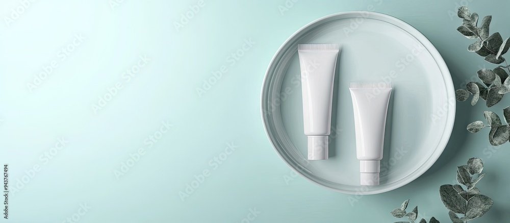 Aufkleber isolated spa cosmetic items white tubes branding mockup top view on a colored background. with copy 