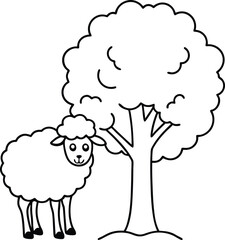 Cute sheep with soft wool close to a tree trunk for kids coloring book simple line art design
