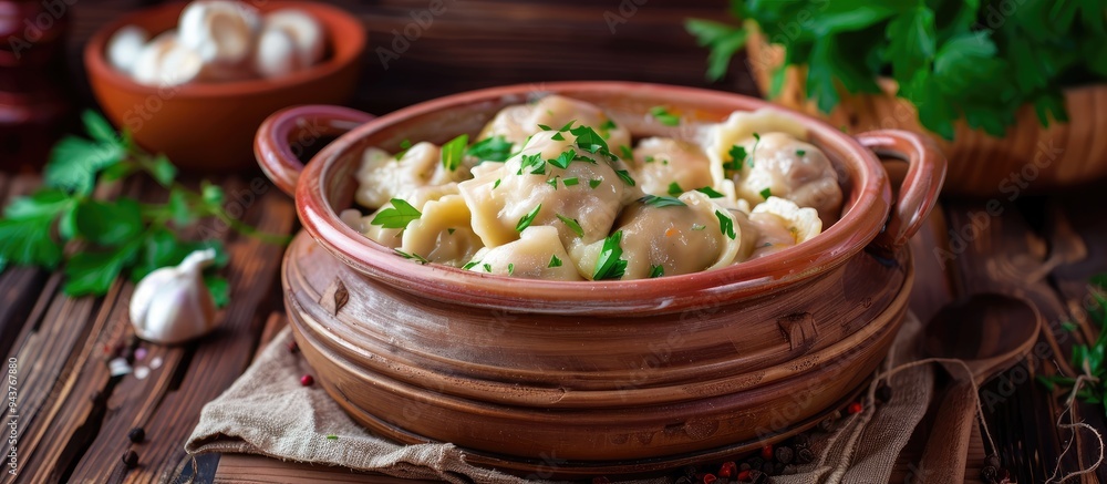 Poster cooked russian pelmeni meat dumplings in a clay pot. with copy space image. place for adding text or