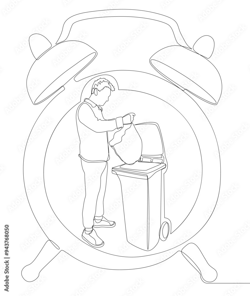 Poster one continuous line of alarm clock and man with garbage bin. thin line illustration vector concept. 