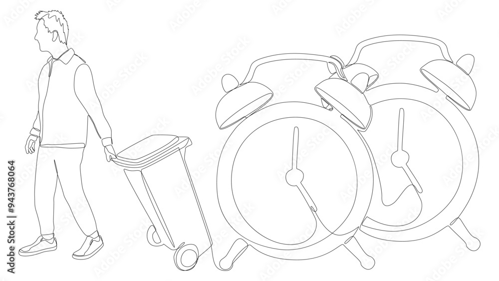 Poster One continuous line of alarm clock and man with Garbage Bin. Thin Line Illustration vector concept. Contour Drawing Creative ideas.