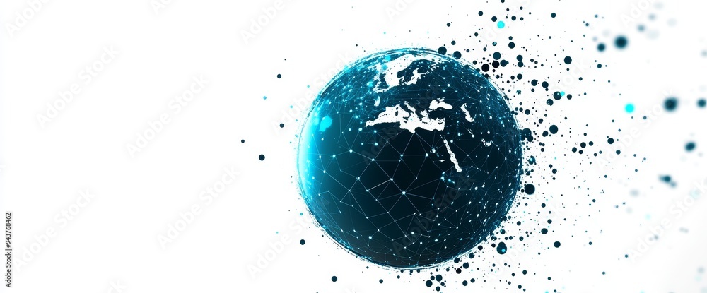 Poster global network concept with planet earth and interconnected nodes on a light gray backdrop for a tec