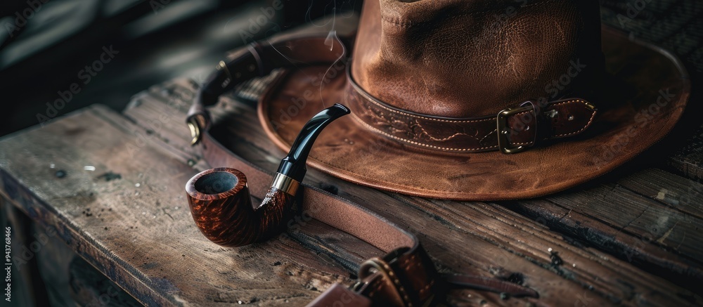 Poster men s accessories hat smoking pipe leather belt top view. with copy space image. place for adding te