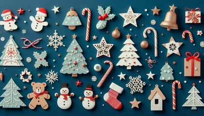 A vibrant Christmas collection of Christmas ornaments and figurines, including Santa Claus, trees, and stars, beautifully showcased on a sparkling background, Christmas card