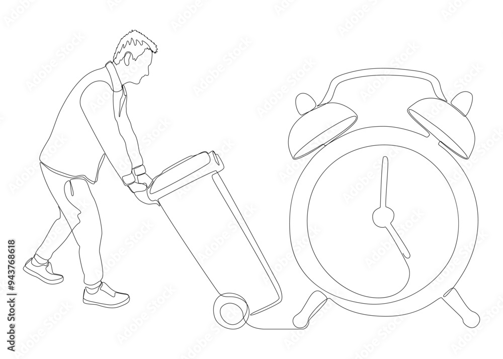 Poster one continuous line of alarm clock and man with garbage bin. thin line illustration vector concept. 