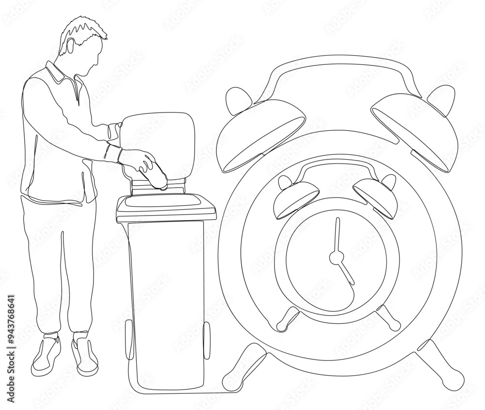 Poster one continuous line of alarm clock and man with garbage bin. thin line illustration vector concept. 