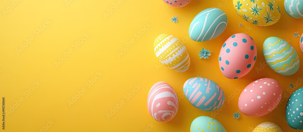 Leinwandbilder Vibrant Easter eggs on a yellow background top view Room for text. with copy space image. Place for adding text or design