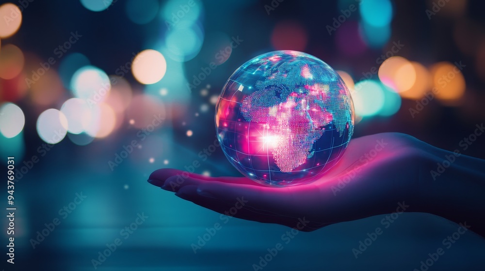 Poster sphere made from colorful lines and dots representing global connectivity with a blurred background 