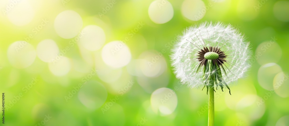 Poster fluffy dandelion with a blurred green background. with copy space image. place for adding text or de