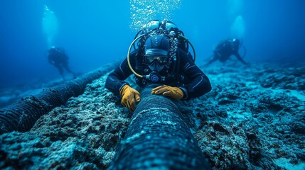 Underwater diver repairing pipeline on ocean floor